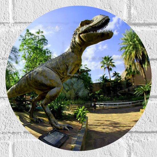 WallClassics - Muursticker Cirkel - Foto van een Beeld van een Dinosaurus - 30x30 cm Foto op Muursticker