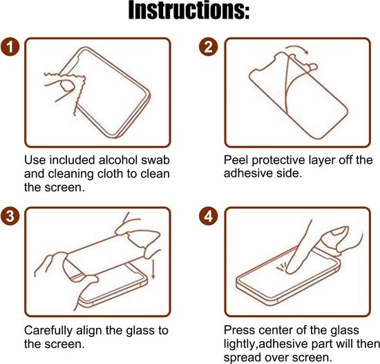 Instructie-afbeeldingen voor het aanbrengen van een screenprotector.