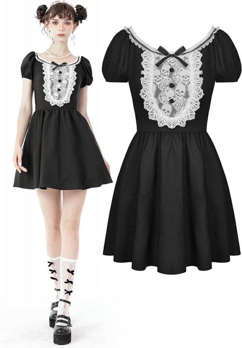 Dark in Love Korte jurk -XS- Gothic lolita skull lace trim Zwart