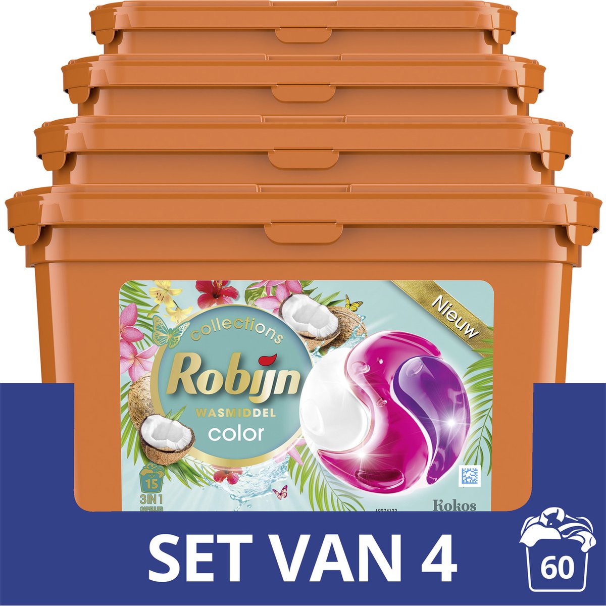 Robijn Kokos 3 in 1 Wascapsules - 4 x 15 wasbeurten - Voordeelverpakking |  bol.com