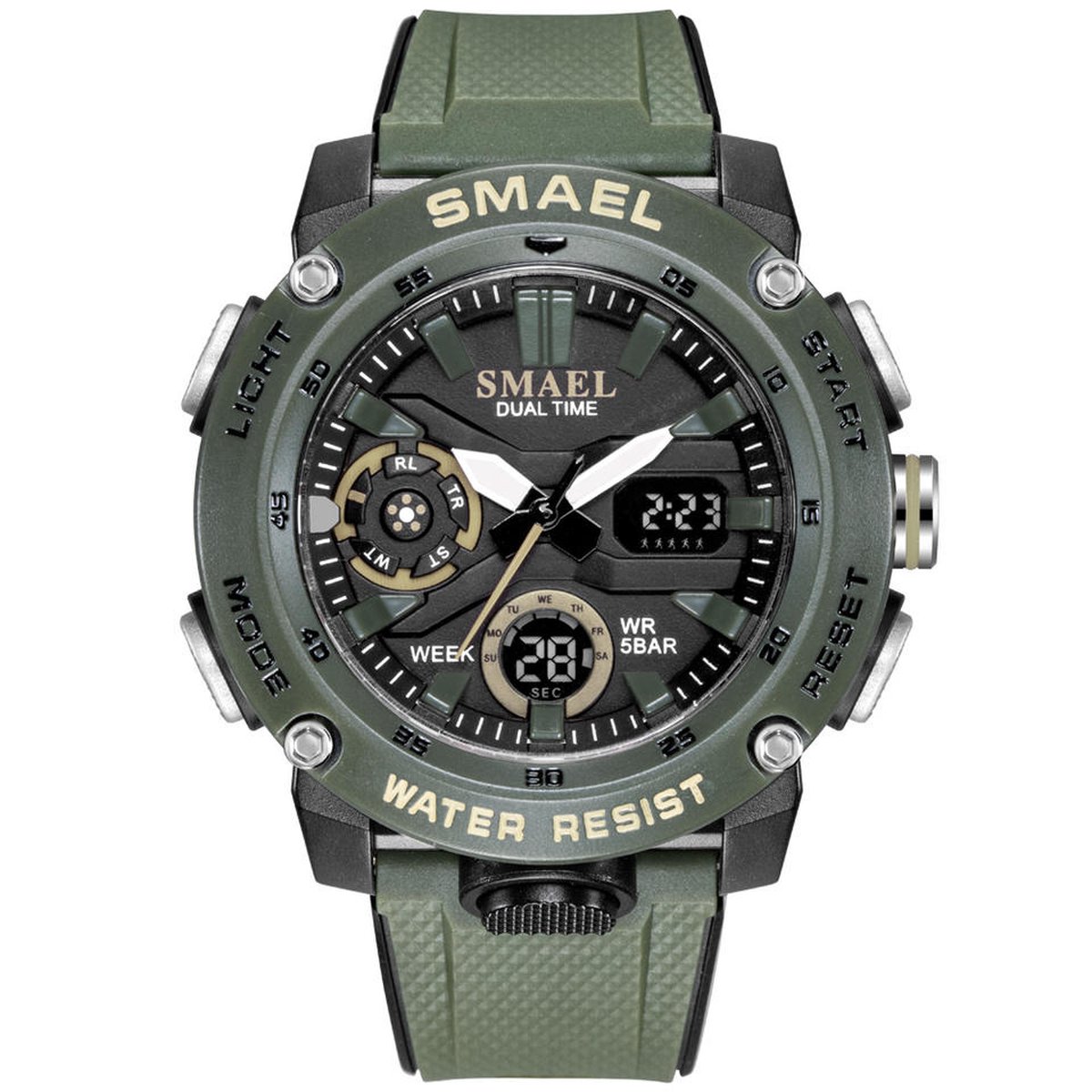 Digitaal Shockbestendig Horloge Zwart Groen | Smael | Waterdicht 5ATM | Glow in dark | Mud Master | Mudmaster | Shock | Licht | Rubberen band | 1907 | Timer | Eyecatcher | Master | kado | Cadeau