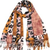 Lange warme dames wintersjaal Simone panterprint okergeel zwart beige bruin