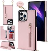 Casemania Hoesje Geschikt voor Apple iPhone 14 Pro Roze - Luxe Back Cover met Koord - Wallet Case - Pasjeshouder
