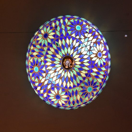 Oosterse mozaïek plafondlamp Turkish Design | 2 lichts | blauw | glas / metaal | Ø 38 cm | eetkamer / woonkamer / slaapkamer | sfeervol / traditioneel / modern design