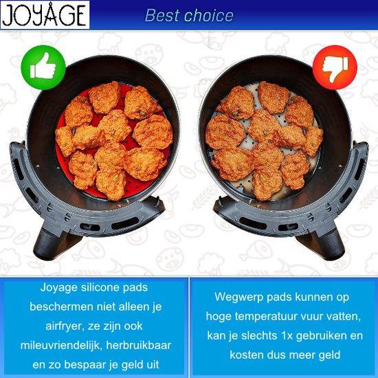 Vergelijking van airfryer manden met rode siliconen pads en zonder. De linker mand is schoon, de rechter toont aangebrand voedsel.