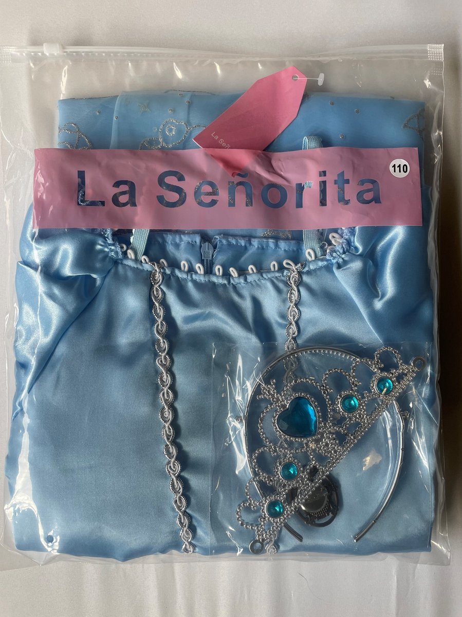 Assepoester jurk Prinsessen jurk verkleedjurk (140) blauw met broche kinderen + blauwe kroon — afbeelding 2