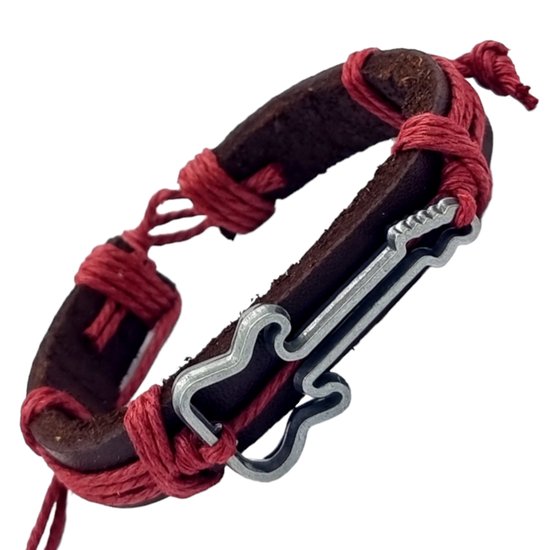 Rhylane – Armband Met Gitaar – Bruin Leder en Rood Touw – 17.5 + 14 cm