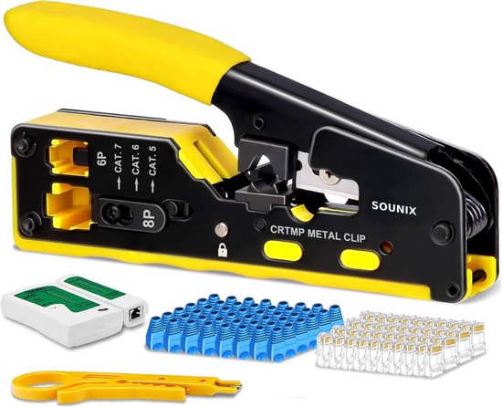 Sounix Netwerk Tester Set - Kabeltester - Krimptang - Stripper- UTP, FTP, STP RJ45, RJ11 Testers - Geel