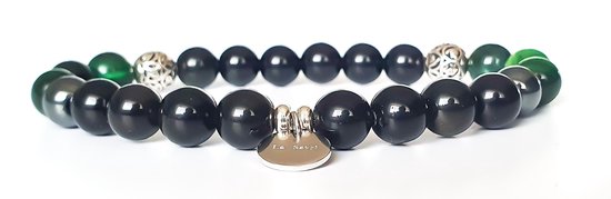 La Savri - Armband/Bracelet - 925 Sterling Silver - Green Tiger Eye Gemstones - Black Gemstones