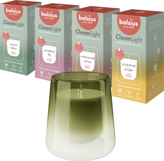 Bolsius - Clean Light - Support et bougies Bougies parfumées rechargeables - Kit de démarrage - Avec 8 recharges parfumées