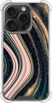 Shockproof hoesje - Geschikt voor iPhone 15 Pro - Marble waves - Extra sterke case - TPU/polycarbonaat - Marmer - Roze, Transparant