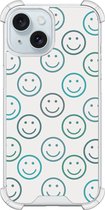 Coque antichoc iPhone 15 - Happy faces - Coque Extra résistante - TPU/polycarbonate - Blauw, Transparent