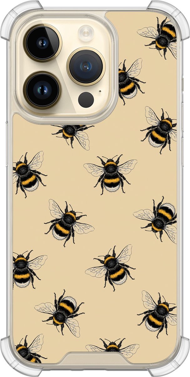 Shockproof hoesje - Geschikt voor iPhone 14 Pro - Bijen print - Extra sterke case - TPU/polycarbonaat - Print / Illustratie - Geel, Transparant