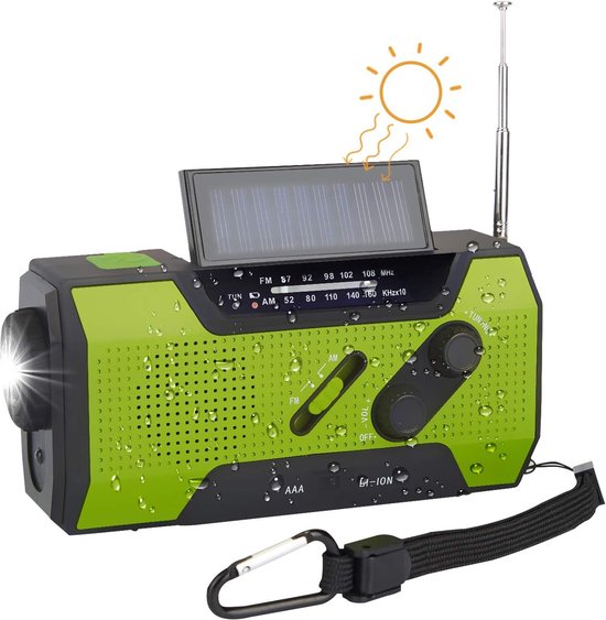Noodradio - Radio op batterijen - Oplaadbare radio - SOS Alarm - Oplaadbaar via Batterij, Zon, USB en Opwinden - Powerbank - Zaklamp - AM/FM - Zakradio - USB C kabel - Emergency radio - Survival radio -