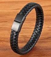 *** Armband voor Mannen - Zwart Gekleurd Staal & Zwart Leer - 21 cm - Perfect Cadeau voor Hem & Haar - van Heble® ***