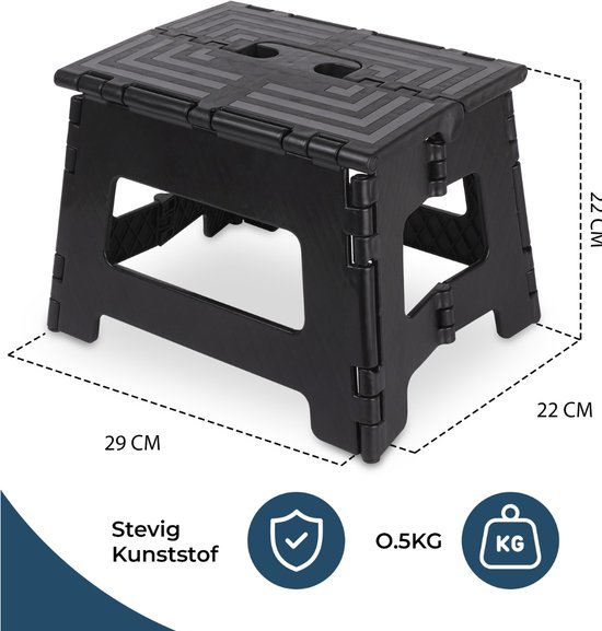 Zwart inklapbaar krukje, 29cm breed en 22cm hoog, met 'Stevig Kunststof' en 0.5KG.