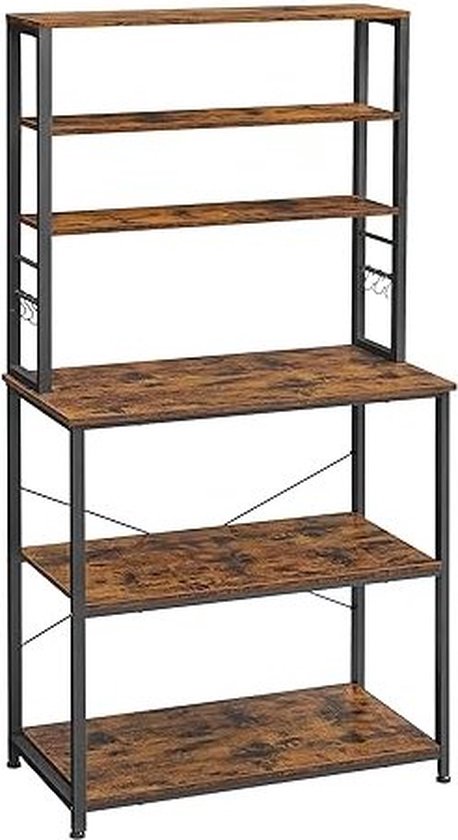 Étagère de cuisine, support debout avec étagères, avec 6 crochets et cadre en métal, design industriel, pour micro-ondes, ustensiles de cuisine, 80 x 40 x 167 cm, vintage marron-noir KKS019B01