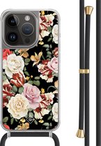 Casimoda® hoesje met zwart koord - Geschikt voor iPhone 14 Pro - Bloemen flowerpower - Afneembaar koord - TPU/polycarbonaat - Multi