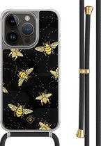 Casimoda® hoesje met zwart koord - Geschikt voor iPhone 13 Pro - Bee Happy - Afneembaar koord - TPU/polycarbonaat - Zwart