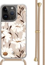 Casimoda® hoesje met beige koord - Geschikt voor iPhone 13 Pro - In Bloom - Afneembaar koord - TPU/polycarbonaat - Bruin/beige