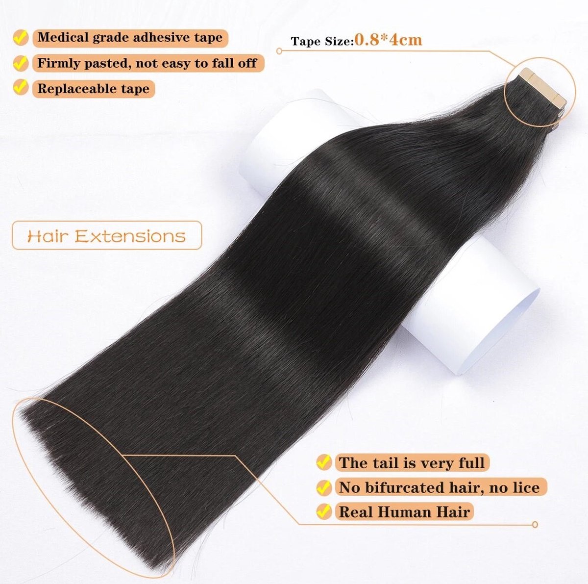 Tape In Hairextensions 20 inch / 50cm| Kleur 1 Zwart| 100% Remy Human Hair Extensions| Straight |