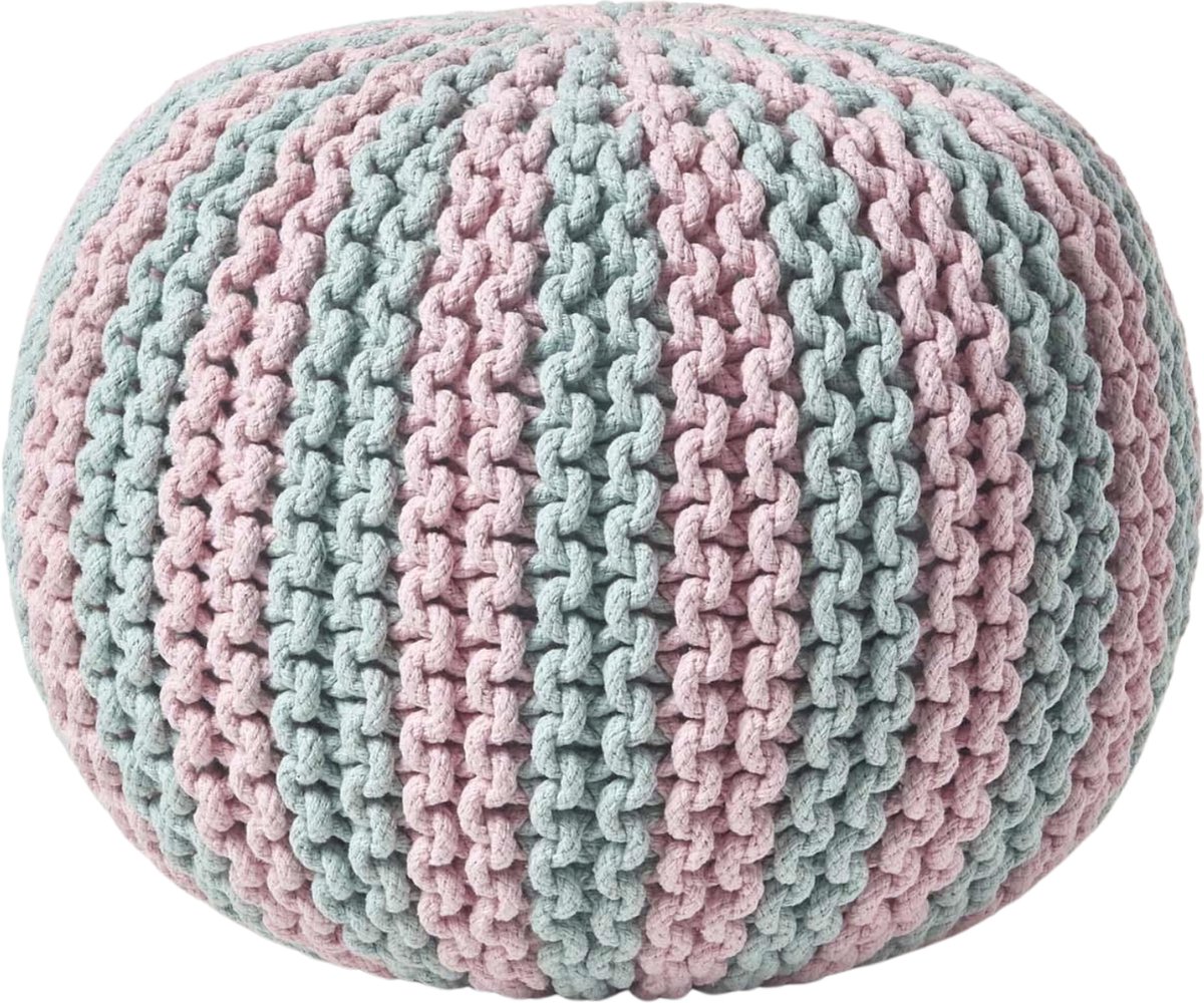 Homescapes Gebreide ronde poef - Streepdesign - Katoen - Licht blauw-roze - 35 x 40 cm Pastelblauw