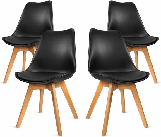Set van 4 Eetkamerstoelen - Keukenstoelen - Gestoffeerde stoelen -Kunstleer bekleed-Massief beukenhout-Waterbestendig-Gemakkelijk schoon te maken-Eenvoudig te monteren- Draagvermogen 130 kg - Zwart