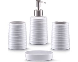 Zeller Badkamer/toilet accessoires set 4-delig - keramiek - wit - wave relief