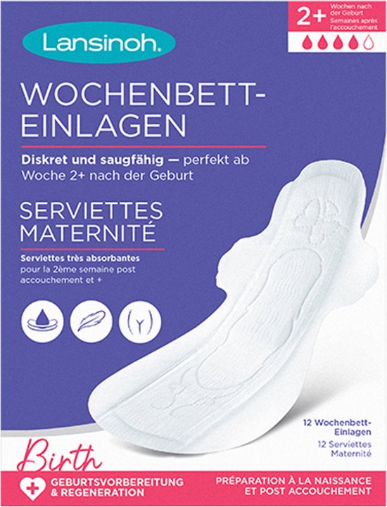 Emballage de serviettes maternité Lansinoh, avec image de la serviette discrète et absorbante.