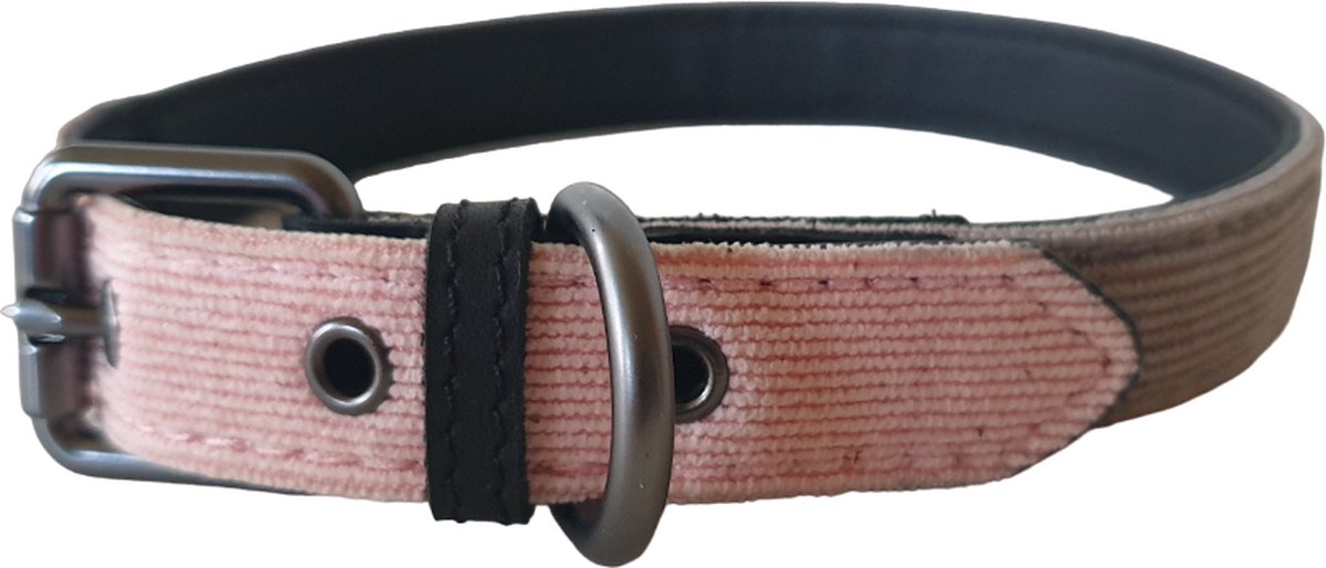 51 Degrees North Milano Hondenhalsband - Corduroy - Grey / Pink - Breedte: 16 mm - Nekomtrek: 28 - 35 cm (GELIEVE ALVORENS BESTELLEN OPMETEN)