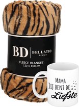 Cadeau moeder set - Fleece plaid/deken tijger print met Mama jij bent de liefste mok - Mama ontspanning cadeau kerst, moederdag, verjaardag
