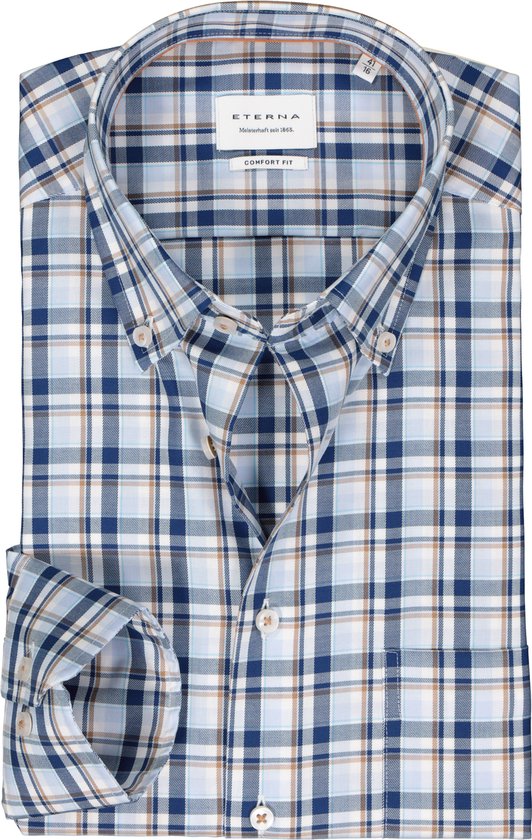 ETERNA comfort fit overhemd - twill - wit - blauw en beige geruit - Strijkvrij - Boordmaat: