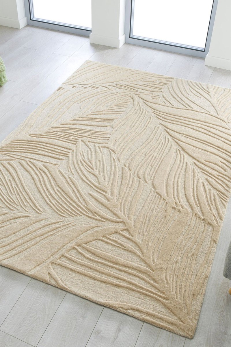 Flycarpets Lino Leaf Modern Laagpolig - 100% Wol Vloerkleed - Naturel / Creme - 160x230 cm
