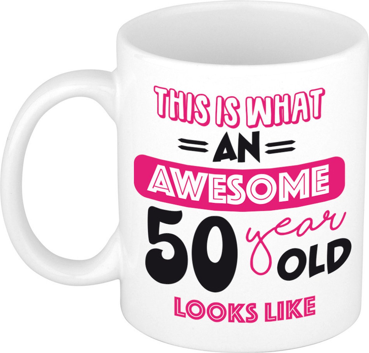 Bellatio Decorations Verjaardag cadeau mok 50 jaar - roze - grappige tekst - 300 ml - Sarah