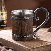 Handgemaakte houten bierpul van roestvrij staal, vintage bierpul, middeleeuwse drinkbeker voor koffie/dranken/sap, 500 ml, cadeau voor mannen.