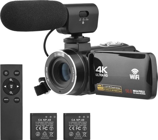 Foto: Handycam camcorder 4k vlog camera 2 in 1 set met externe microfoon inclusief 2 batterijen en afstandsbediening met wifi verbinding 18 x digitale zoom night vision beeldstabilisatie zwart