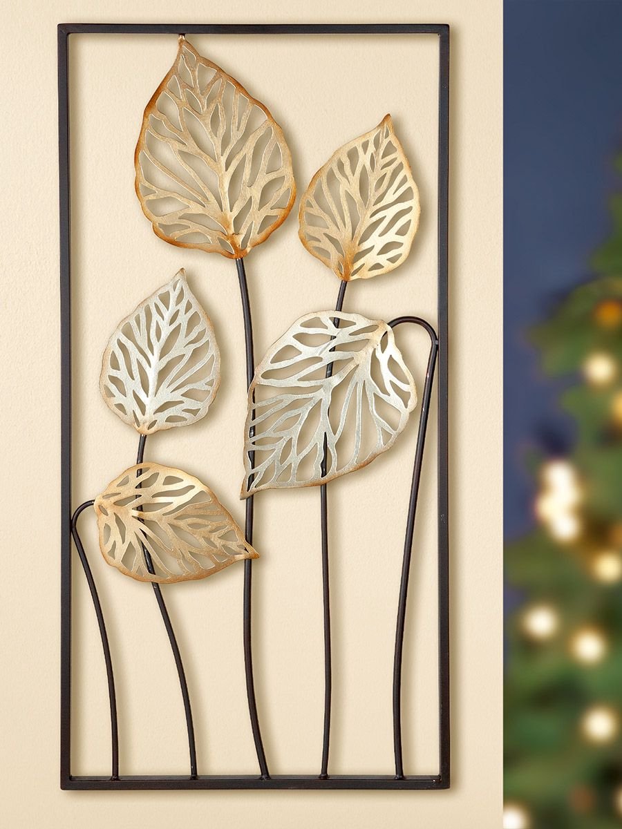 wandrelief planten bladeren - goud zilver bruin -40x80 cm - metaal
