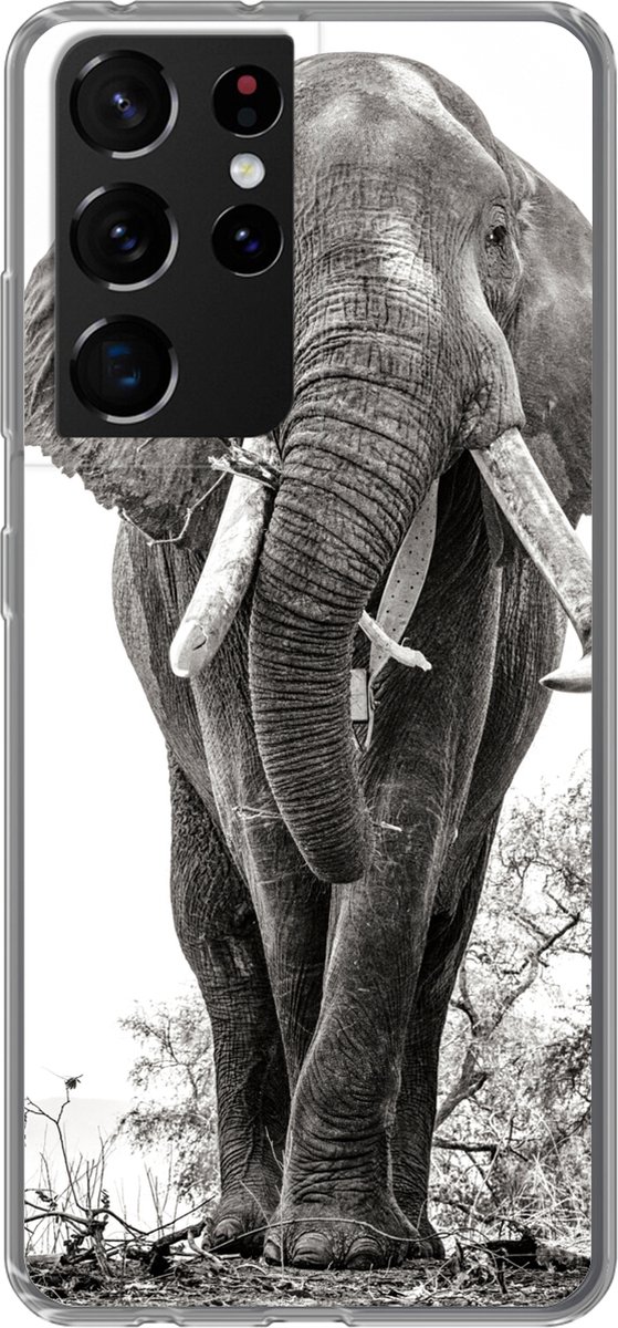 Telefoonhoesje Geschikt voor Samsung Galaxy S21 Ultra hoesje - Olifant - Portret - Dieren - Zwart wit - Siliconen Telefoonhoesje Telefoonhoesje