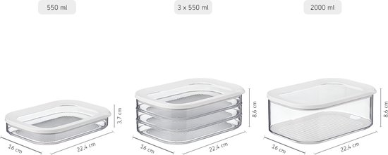 Drie Mepal Modula vershouddozen met witte deksels en geribbelde bodems in verschillende formaten: 550 ml, 3x 550 ml en 2000 ml.