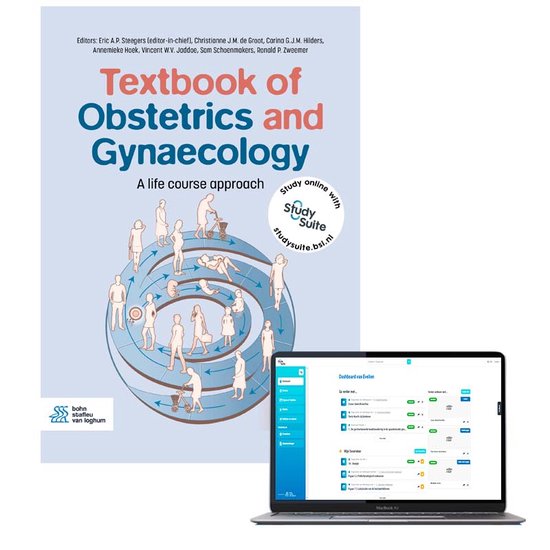 Boekomslag van 'Textbook of Obstetrics and Gynaecology' met afbeelding van een cirkelvormige weergave van mensen en een laptop.