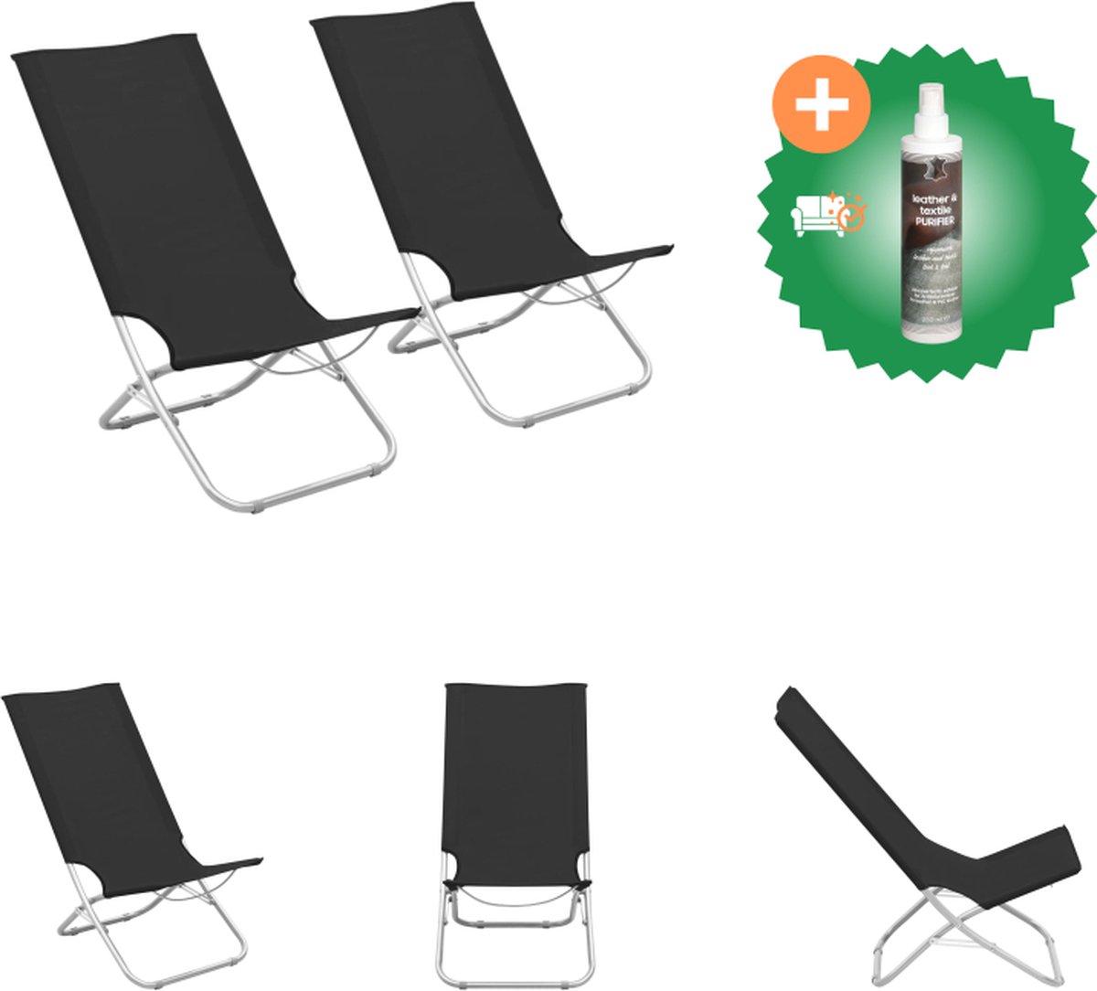 VidaXL Strandstoelen 2 st inklapbaar stof zwart Tuinstoel Inclusief Reiniger