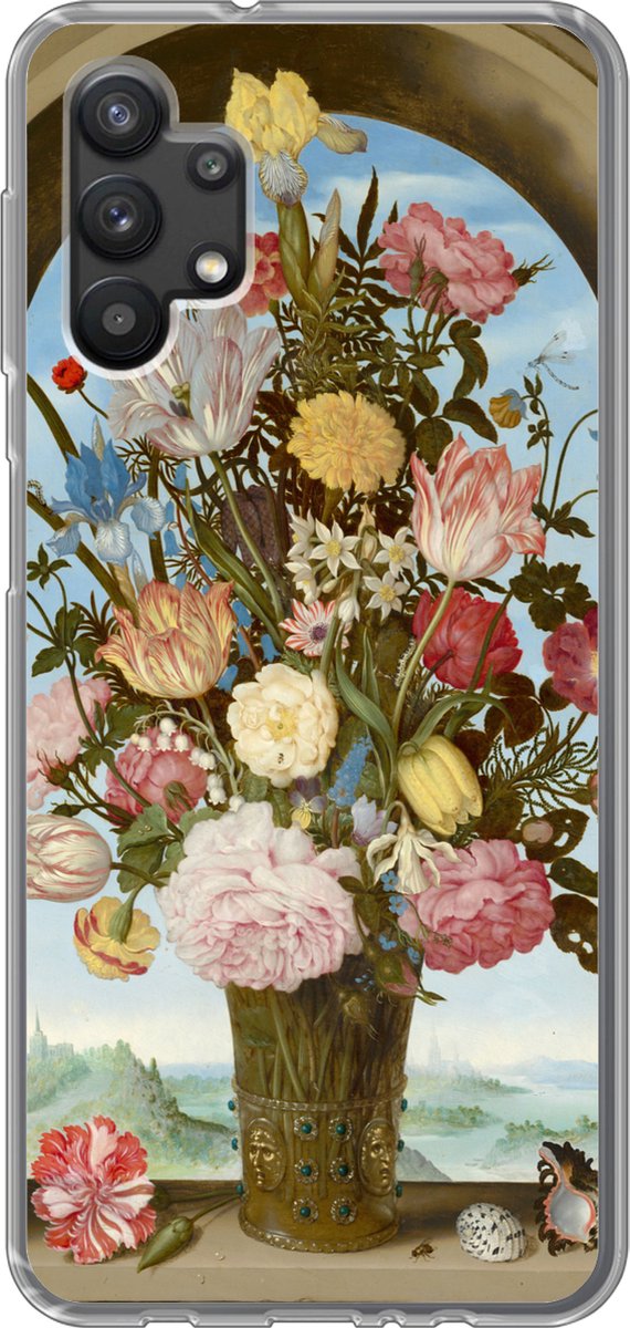 Telefoonhoesje Geschikt voor Samsung Galaxy A32 5G hoesje - Vaas met bloemen in een venster - Schilderij van Ambrosius Bosschaert de Oude - Siliconen Telefoonhoesje Telefoonhoesje