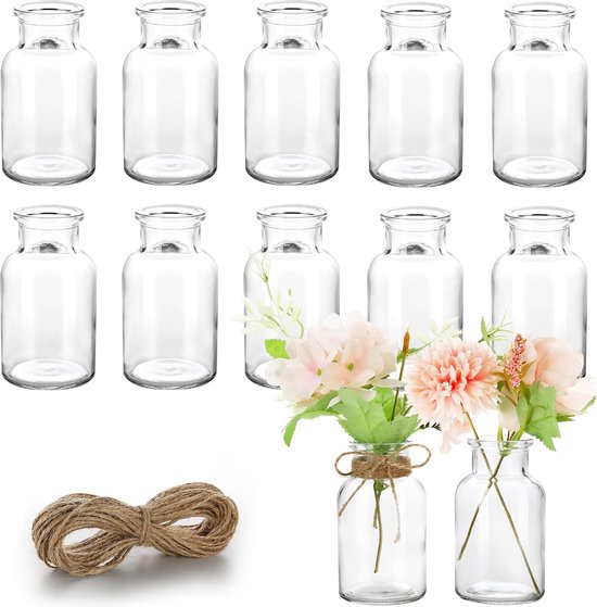 Petits vases en verre, lot de 12 petits vases pour décoration de table, mariage, vases décoratifs sertis de 8 mètres de corde de jute, mini vases en verre pour décoration de table, passent au lave-vaisselle, 10,5 cm.