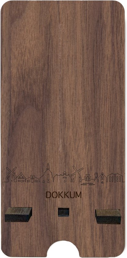 Skyline Telefoonhouder Dokkum Eikenhout - Smartphone Tablet Houder 7x15 cm - iPad / iPhone / Smartphone tafel standaard desktop - Thuis werken - Cadeau - WoodWideCities