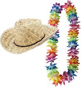 Toppers - Ensemble de costumes de carnaval - party tropicale hawaïenne - chapeau de paille - et guirlande de fleurs colorées à lumières LED - pour adultes