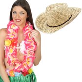 Toppers - Carnaval verkleed set - Tropische Hawaii party - strohoed - met volle bloemenslinger in roze - voor volwassenen