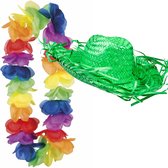 Toppers in concert - Carnaval verkleedset - Tropical Hawaii party - strohoed groen - en volle bloemenslinger multi colours - voor dames