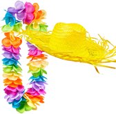 Toppers in concert - Carnaval verkleedset - Tropical Hawaii party - strohoed geel - en volle bloemenslinger multi colours - voor dames