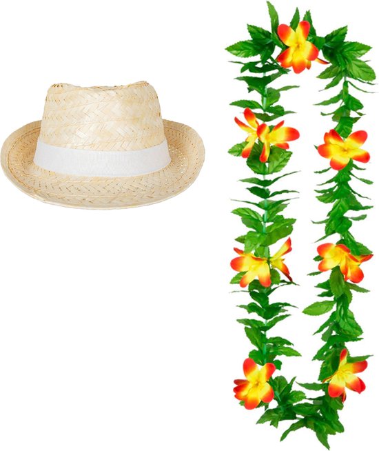 Ensemble de costumes de carnaval - party tropicale hawaïenne - Chapeau de paille Ibiza - et couronne de fleurs vert/jaune - pour adultes