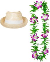 Carnaval verkleed set - Tropische Hawaii party - Ibiza strohoedje - en bloemenkrans groen/paars - voor volwassenen